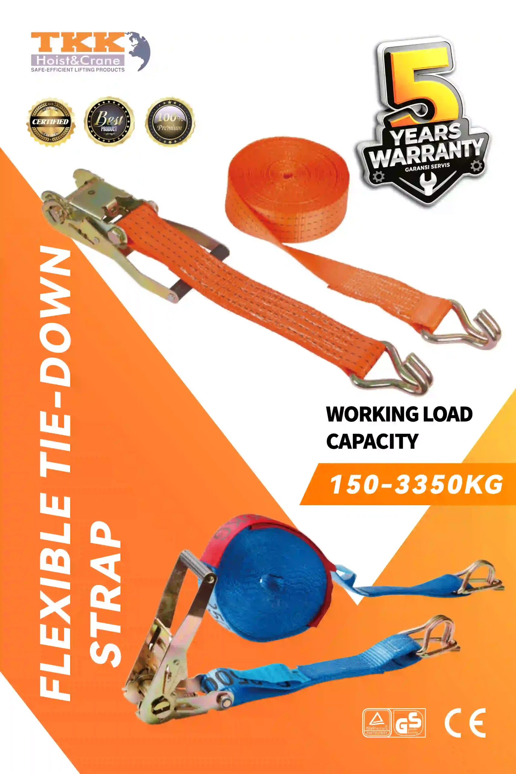 TKK ECL Flexible Tie Down Strap - Ratchet Lashing Strap EN12195-2 Cargo Control System