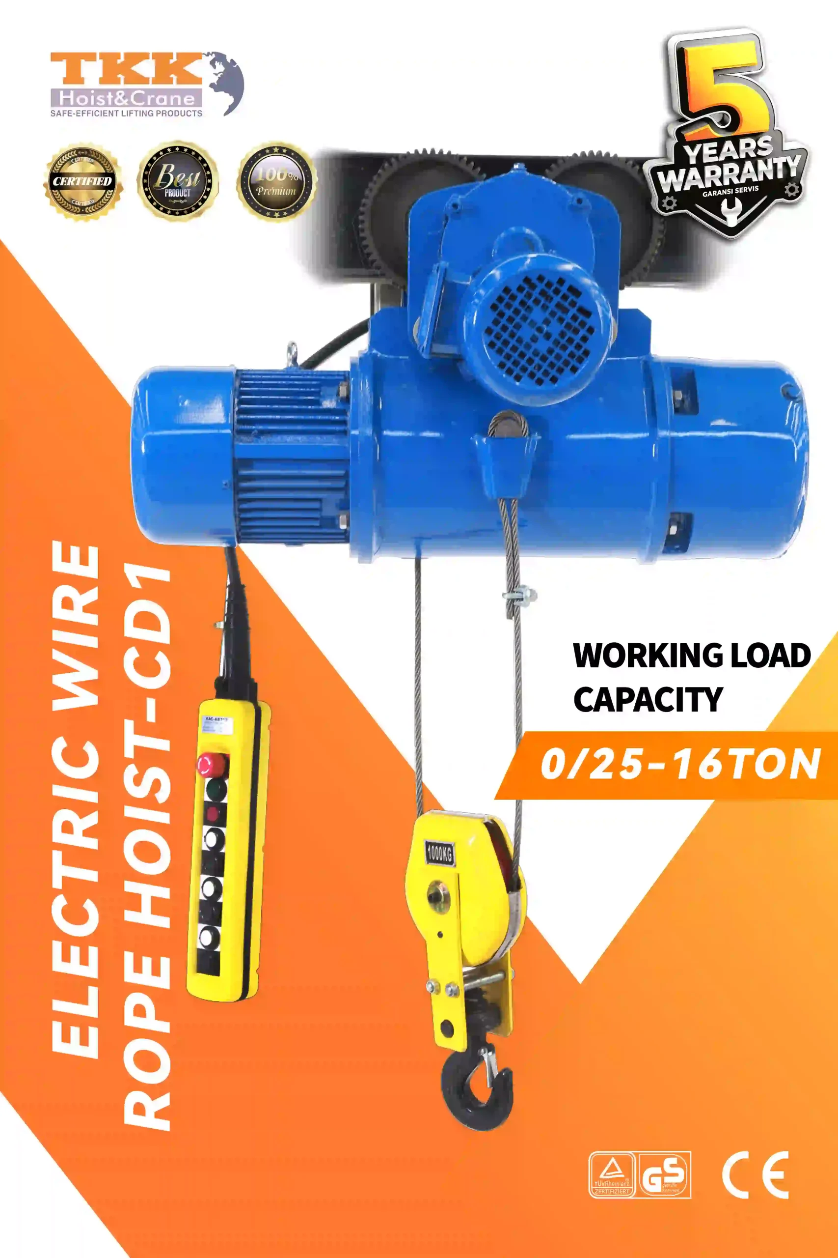 TKK CD1 Electric Wire Rope Hoist – Heavy Duty Rope Hoist for Crane System 0.5 Ton to 10 Ton