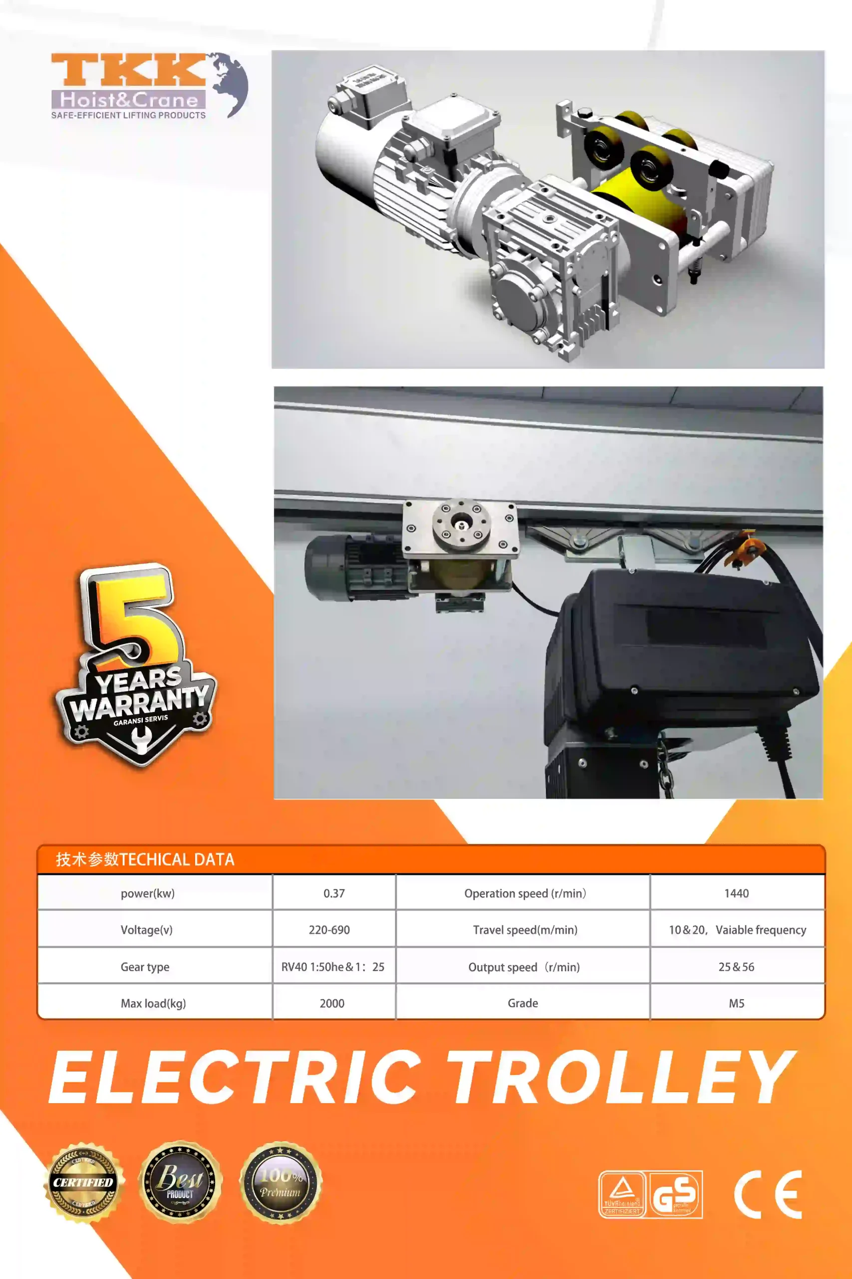 TKK Electric Trolley for Aluminium Track System - 2000kg Motorized Travel Trolley