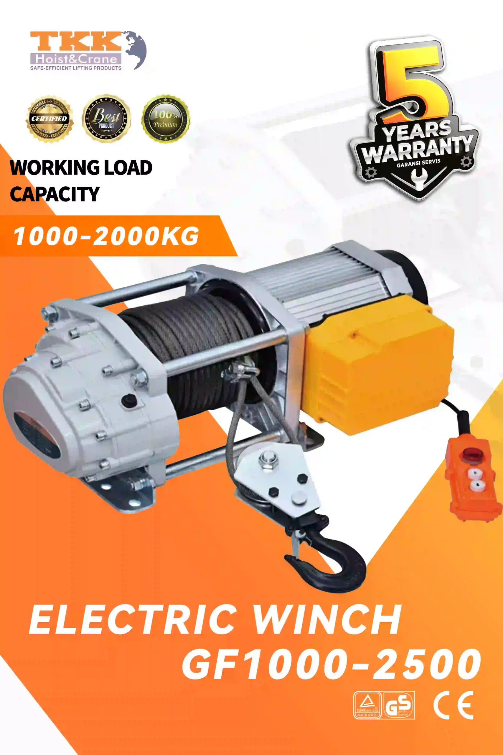 TKK GF1000-2500 Electric Winch – Compact Electric Wire Rope Winch 1000kg to 2500kg