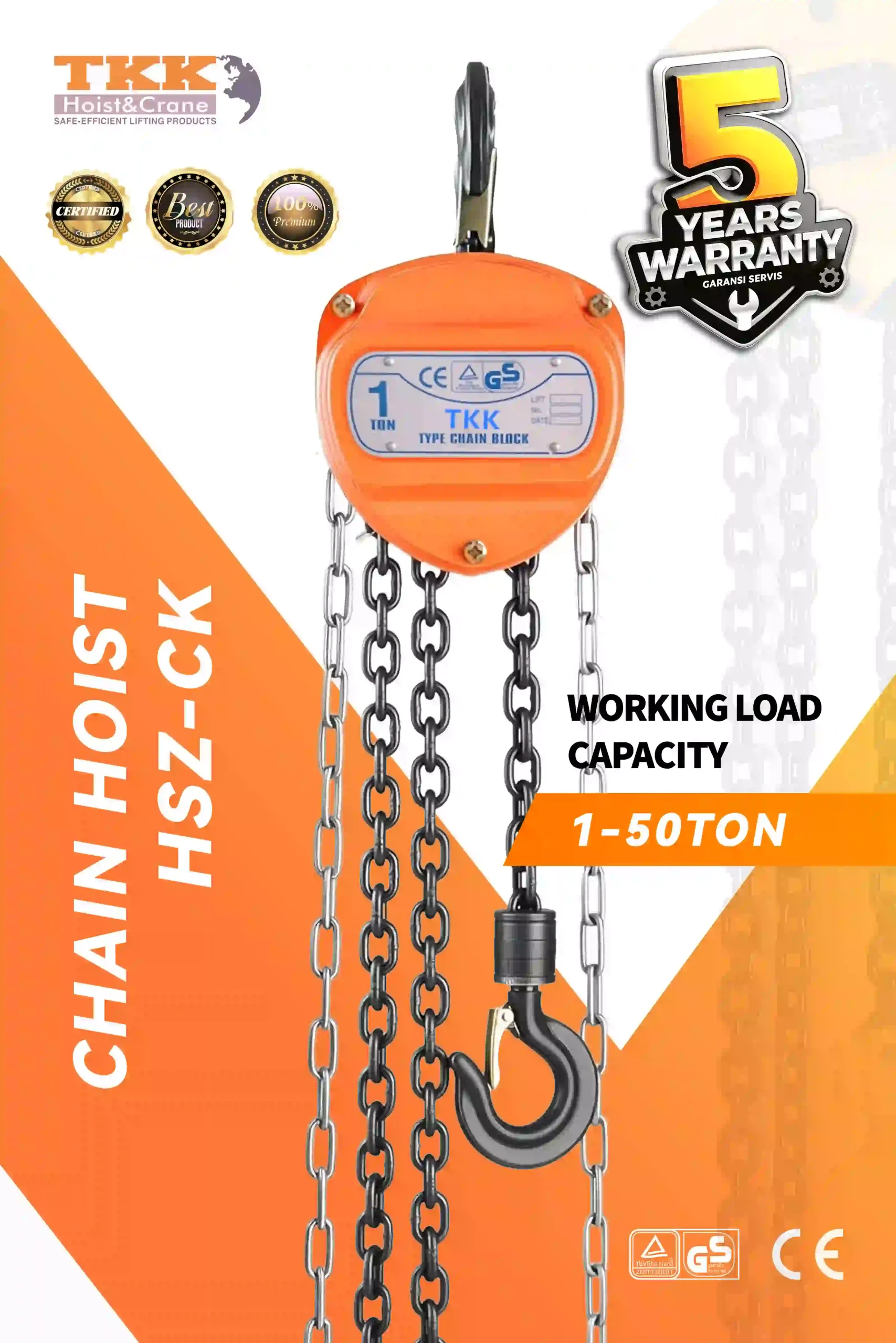 TKK HSZ-CK Manual Chain Hoist – Heavy Duty Chain Block 1 Ton to 50 Ton