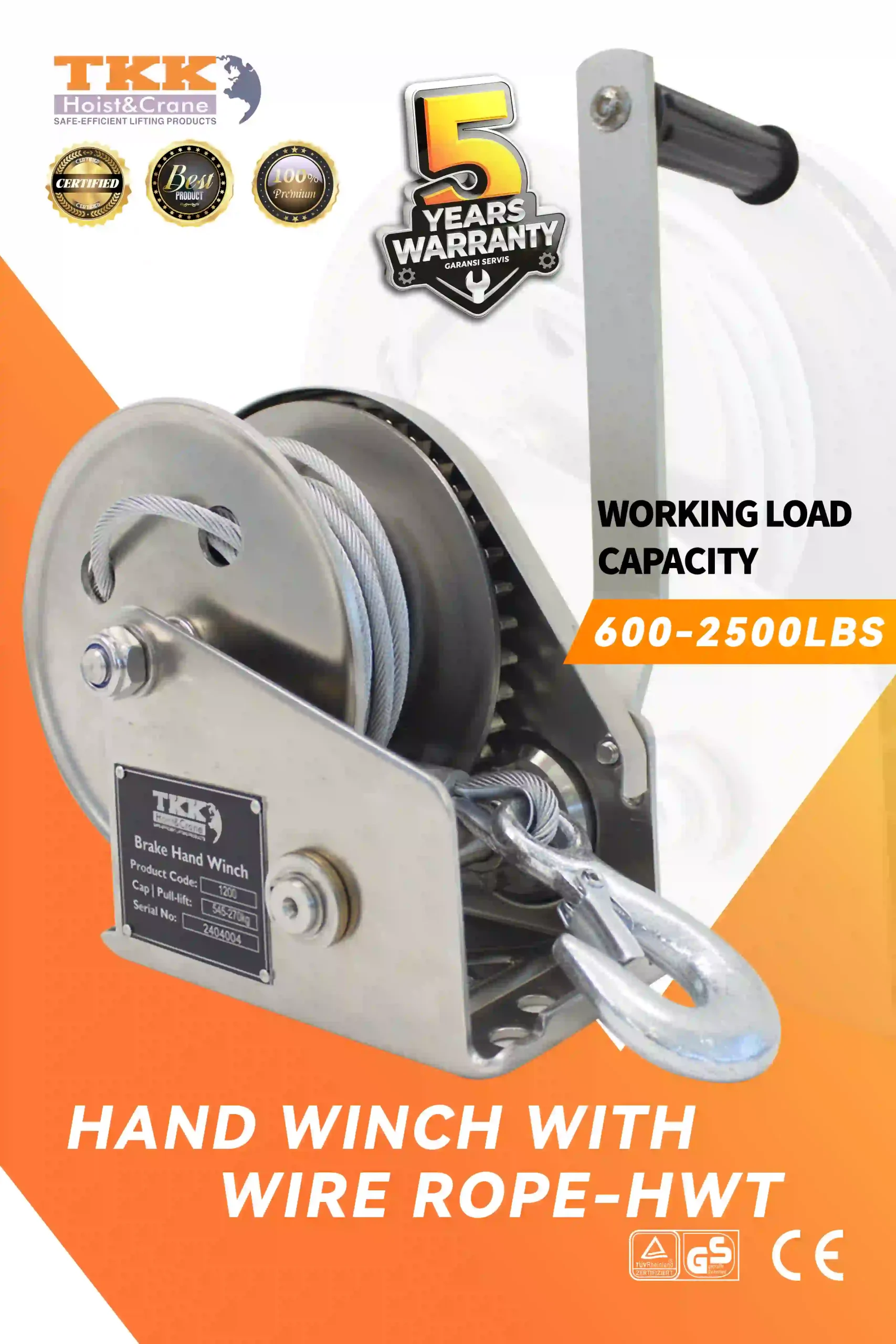 TKK HWT Hand Winch with Wire Rope – Heavy Duty Manual Winch 600 lbs to 2500 lbs