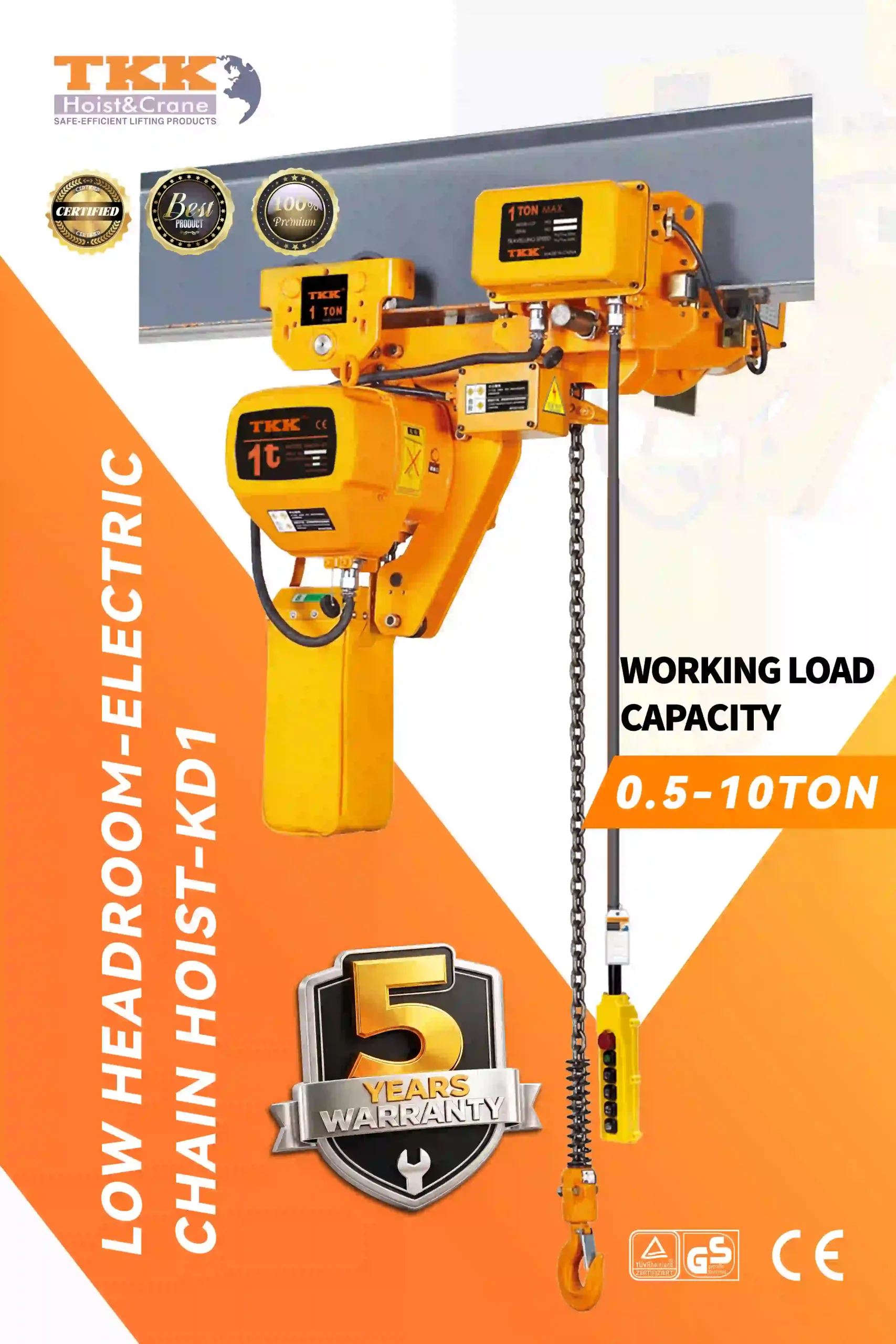 TKK KD1 Low Headroom Electric Chain Hoist – Compact Low Headroom Hoist 0.5 Ton to 10 Ton