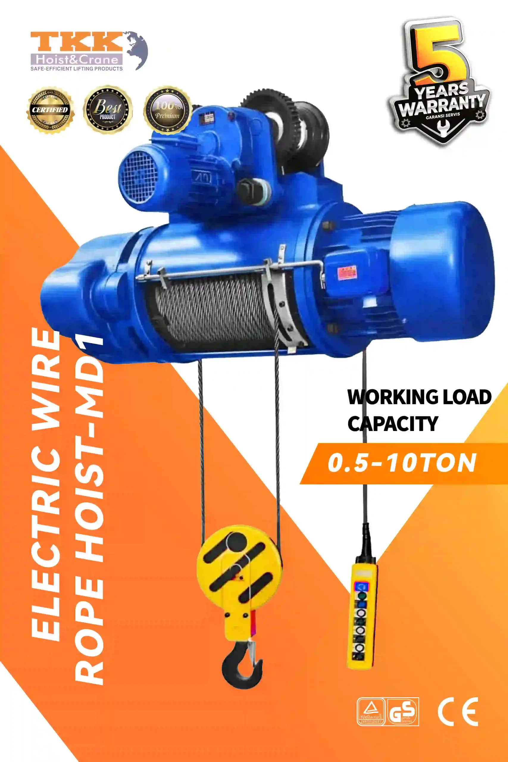 TKK MD1 Electric Wire Rope Hoist – Dual Speed Wire Rope Hoist for Precision Lifting 0.5 Ton to 10 Ton