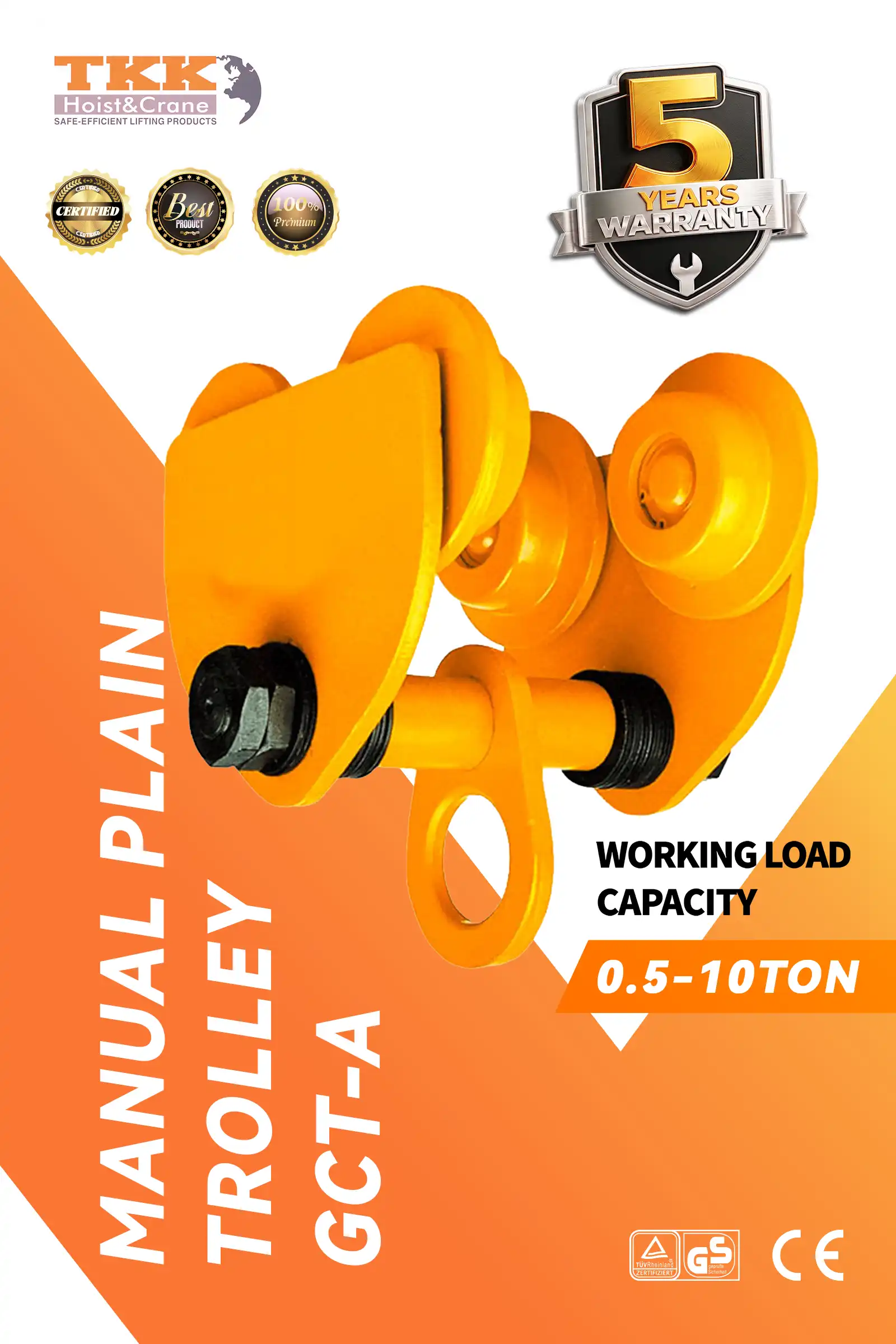 The TKK GCT-A Plain Trolley delivers stable, reliable, and low-maintenance performance for industrial material handling systems. Its reinforced structure, smooth bearing wheels, and durable forged steel components ensure consistent operation under demanding working conditions, making it a dependable solution for beam-mounted lifting applications.